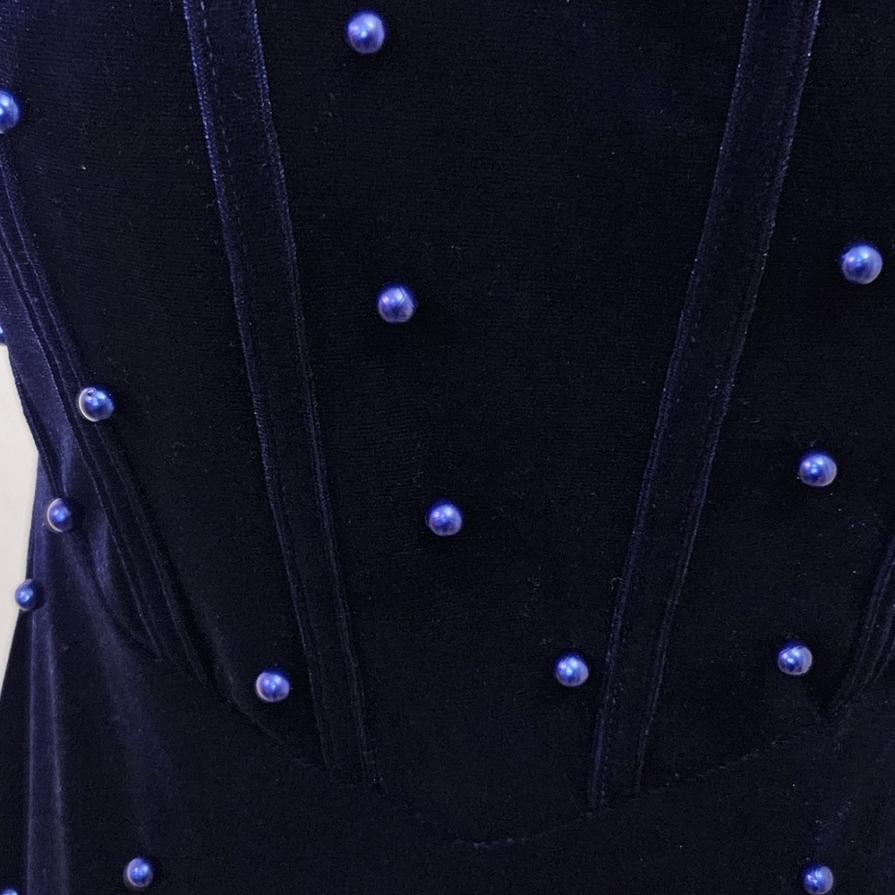 Windsor Navy Blue Velvet Beaded Embellished Asymmetrical Midi Dress,Large - Picture 4 of 16